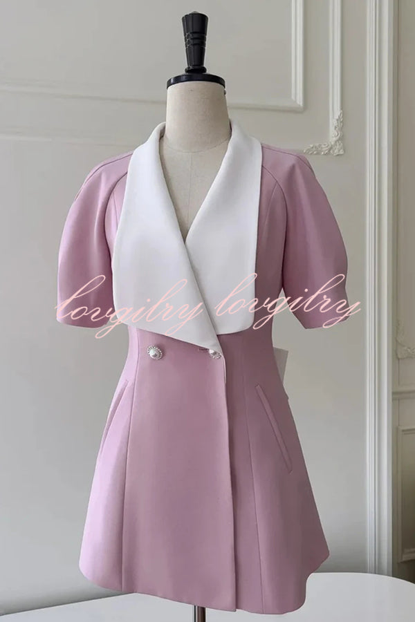 Seasonal Cheer Pearl Button Puff Sleeve Backless Bow Lapel Mini Dress