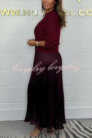 Audrey Ribbed Knit Long Sleeve Top Patchwork Satin Pleated Maxi Dress