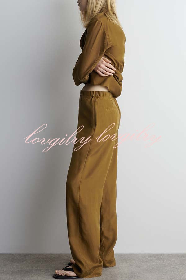 Bella Satin Drape Collar Single Button Casual Blazer and Elastic Waist Pocket Loose Pants Set