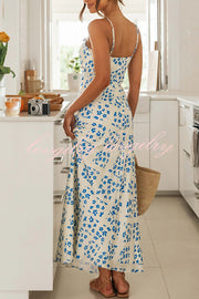 Starry Floral Print Lace Up Pleated Patchwork Zip Back Maxi Dress