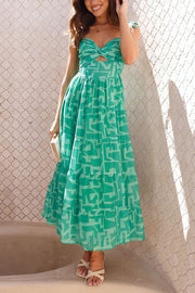 Unique Printed Suspender Tie Back Pleated Midi Dress