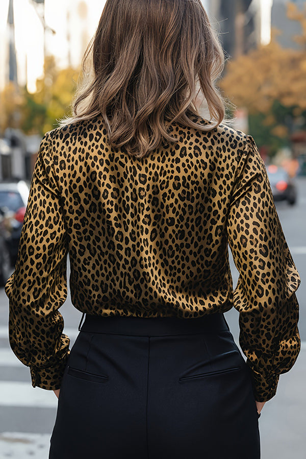 Leopard Print Satin Long-sleeved Casual Shirt