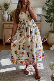 Summer Fruit Print Sling Pleated Vacation Midi Dress