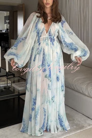 Headed To The Ocean Chiffon Floral Drawstring Waist Maxi Dresses