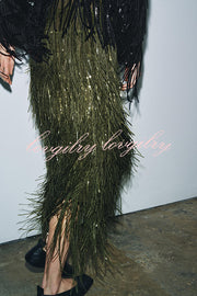 Stylish Sequined Tassel Elegant Midi Skirt