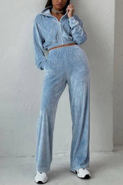 Solid Color Velvet Long-sleeved Zip-up Sweatshirt and Elastic Waist Casual Pocket Straight-leg Pants Set