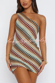 Playful Colorful Knitted Slim-fitting Offset Neck Stretch Mini Dress