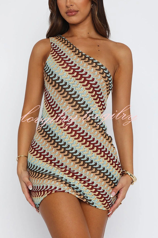 Playful Colorful Knitted Slim-fitting Offset Neck Stretch Mini Dress