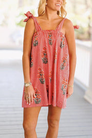 Floral Stripe Print Suspender Lace-Up Loose Mini Dress