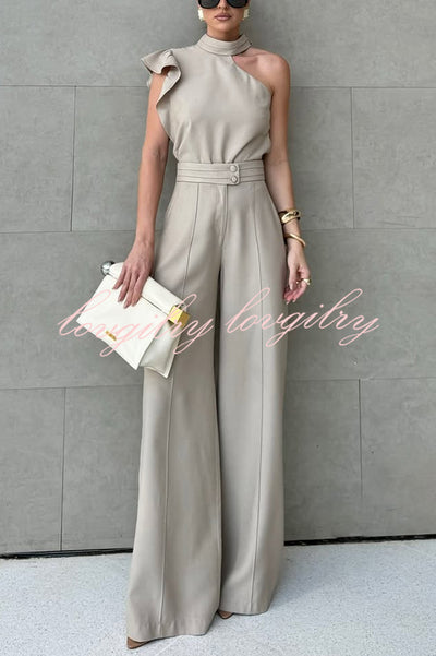 Fashionable One-shoulder Ruffled Top and Casual Simple Straight-leg Suit Pants Set