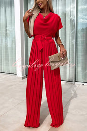 Ivy Cowl Neck Short Sleeve Belt Pleated Loose Wide Leg Jumpsuit
