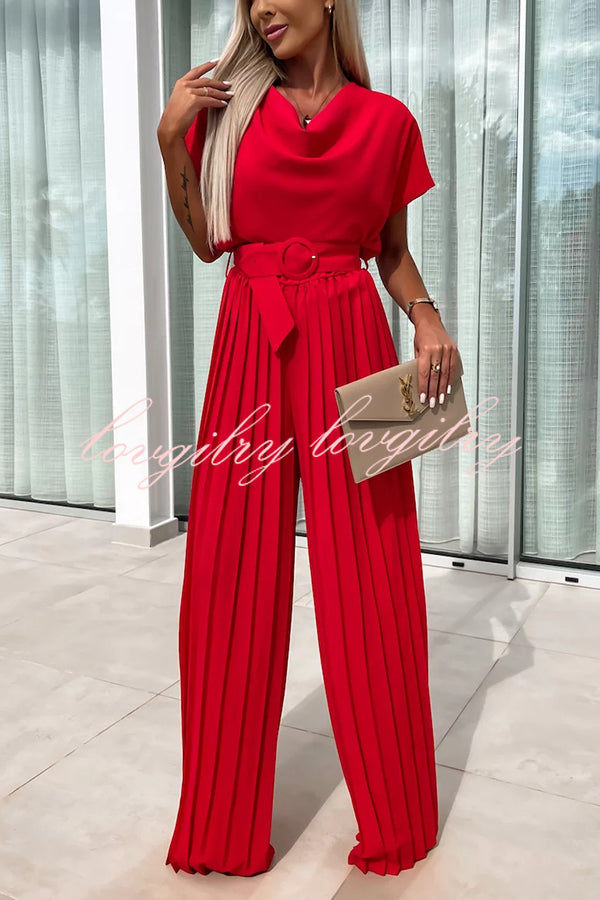 Ivy Cowl Neck Short Sleeve Belt Pleated Loose Wide Leg Jumpsuit