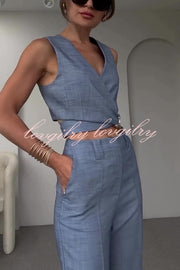 Crossover Slim Fit Sleeveless Vest and High Waisted Wide Leg Pants Set