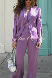 Beyond Time Satin Lapel Lace-up Blouse and Back Elastic Pocketed Loose Pants Set