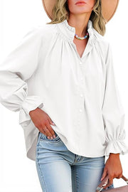 Solid Color V-neck Ruffled Lantern Sleeve Loose Casual Shirt