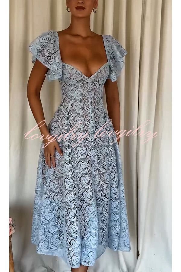 Romantic Atmosphere Bluebell Lace Butterfly Sleeve Sweetheart Neck Stretch Midi Dress