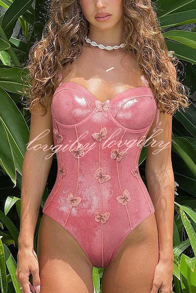 Solid Color Shiny Fabric Sweet Butterfly Decoration Stretch One-piece Swimsuit