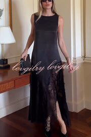 Pretty Soul Satin Lace Trim Wide Neck Irregular Hem Slit Maxi Dress