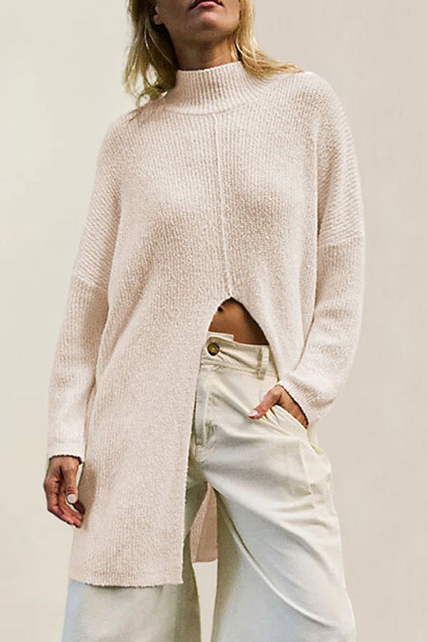 Solid Color Long Sleeve Slit Knitted Sweater