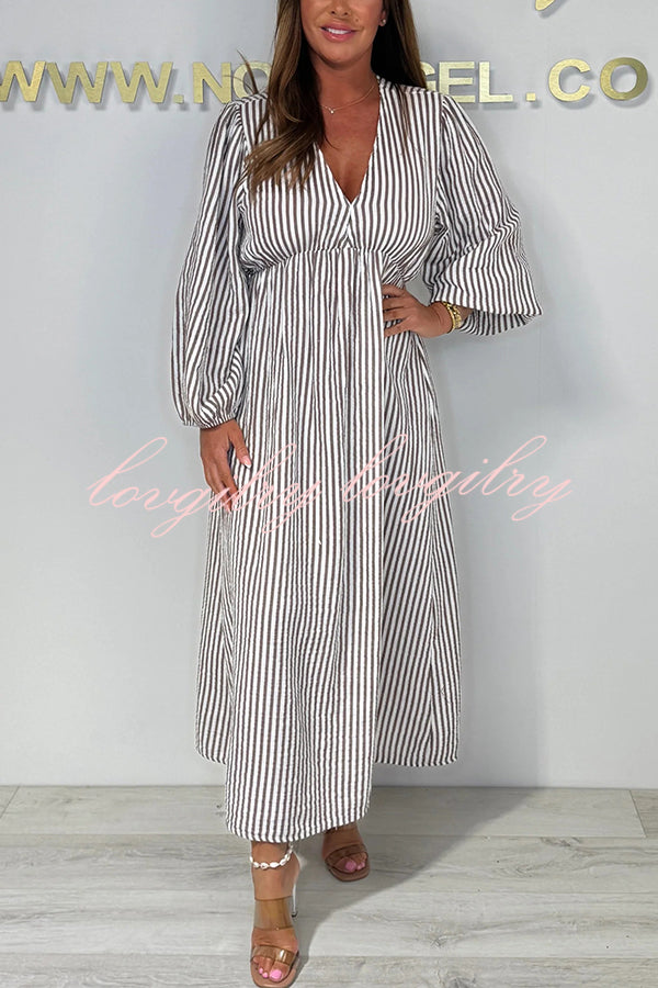 Striped Print V-Neck Long Sleeve Casual Loose Maxi Dress