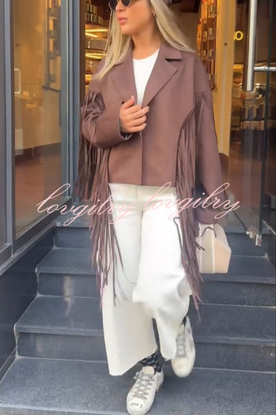 Western City Suede Long Tassels Long Sleeve Lapel Relaxed Jacket