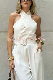 Solid Color Halterneck Sleeveless Waisted Casual Pocket Straight Jumpsuit