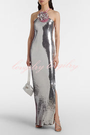 Moonlit Blooms Sequin Floral-appliqué Halter Neck Slit Gown Maxi Dress