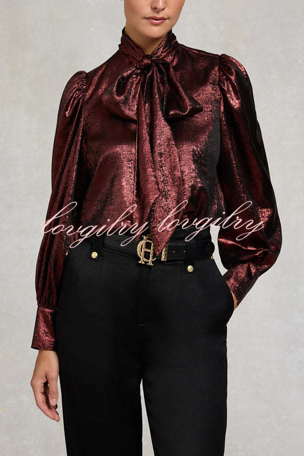 Ariella Metallic Satin Fabric Tie-up Bow Neck Long Sleeve Blouse