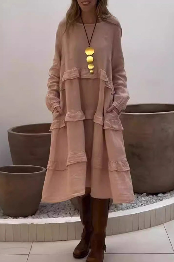 Solid Color Patchwork Round Neck Long Sleeve Loose Pocket Midi Dress