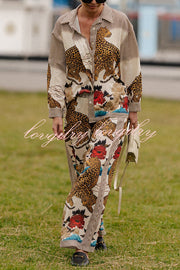 Exotic Leopard Flower Patchwork Print Elastic Waist Pocket Wide Leg Pants