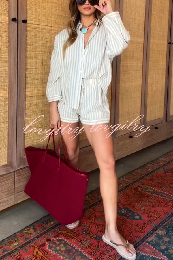 Effortless Chic Linen Blend Stripes Wide Sleeve Shirt and Elastic Waist Pocket Shorts Set