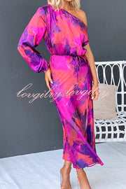 Winona Satin Floral Print One Shoulder Balloon Sleeve Tie-up Maxi Dress