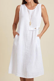 Linen Blend Solid Color Round Neck Sleeveless Loose Pocket Midi Dress