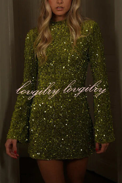 Dora Velvet Sequin High Neck Long Bell Sleeve H-line Mini Dress