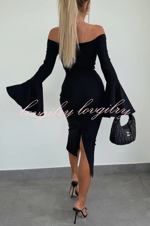 Solid Color Sexy Off-shoulder Trumpet Sleeve Slim Midi Dress