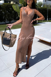 Solid Color V-neck Hollow Beach Knitted Cover-up Midi Dress