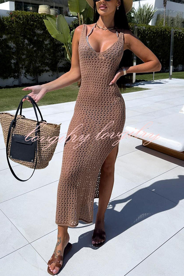 Solid Color V-neck Hollow Beach Knitted Cover-up Midi Dress