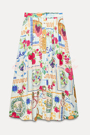 Linen-blend Fruit Print Halterneck Pleated Top and Pocket Button-down Maxi Skirt Set