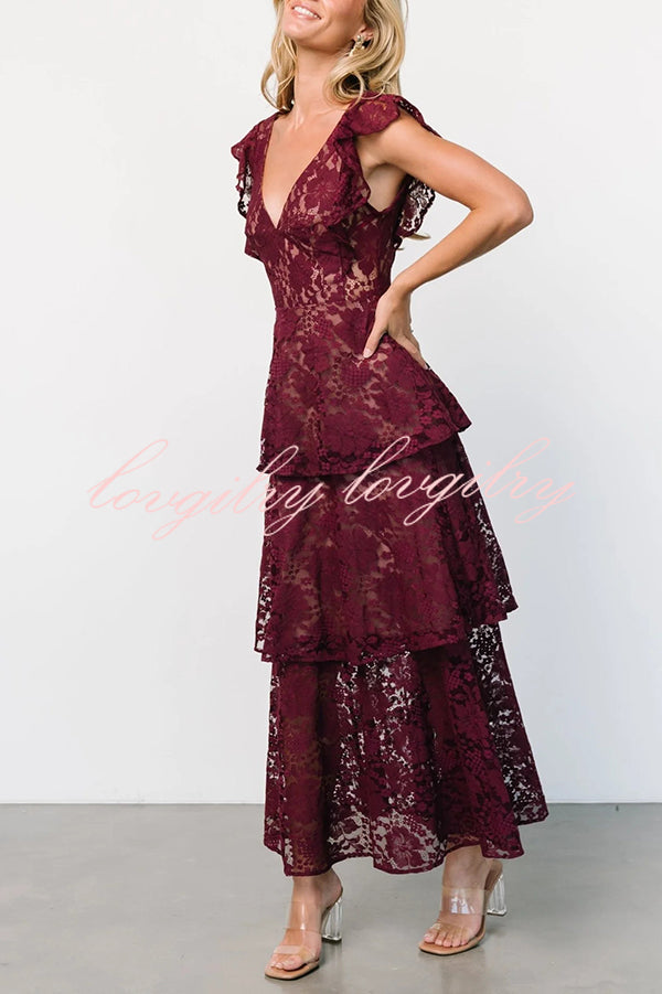 Lace V-neck Ruffled Sleeves Cinched Waist Maxi Dress