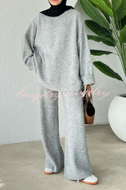 Solid Color Loose Long-sleeved Knit Top and Elastic Waist Casual Straight Leg Pants Set