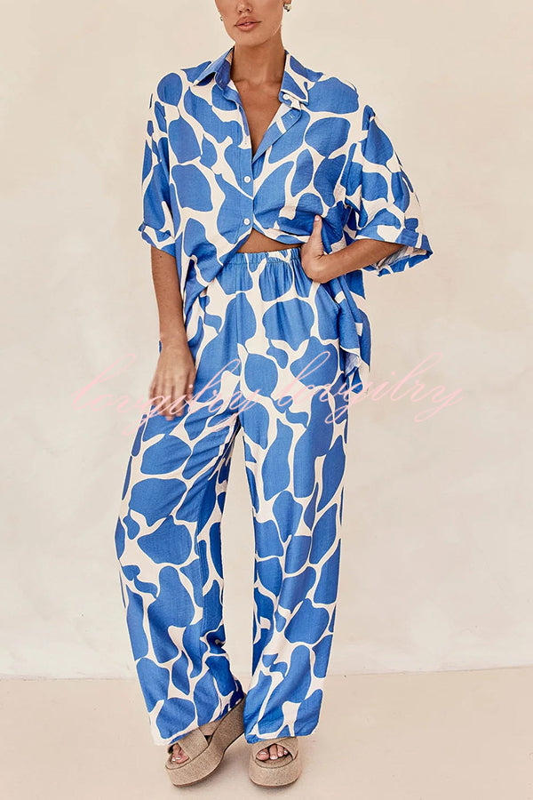 Lazy Beach Days Unique Print Short Sleeve Loose Shirt and Elastic Waist Pants Set