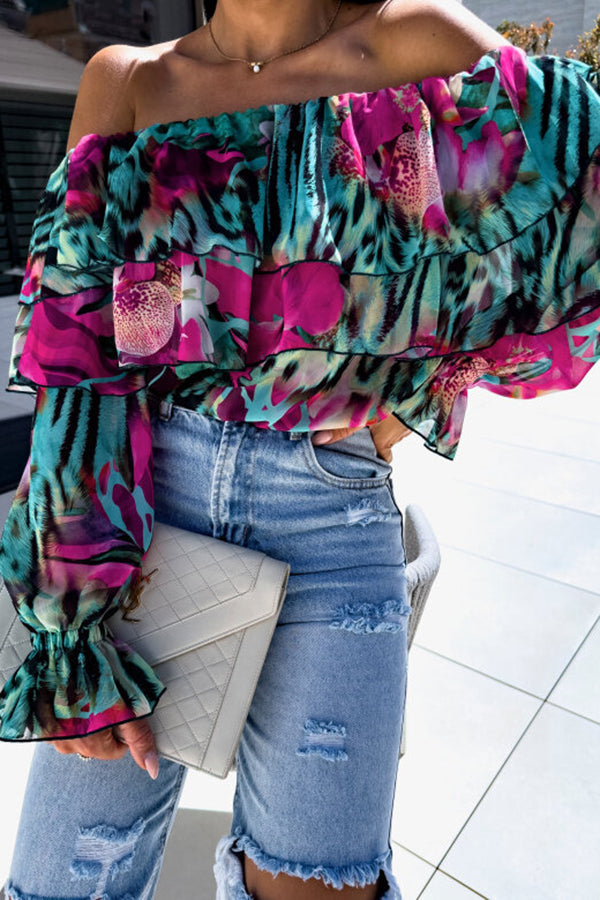 Colorful Botanical Print Sexy Off-shoulder Ruffle Top