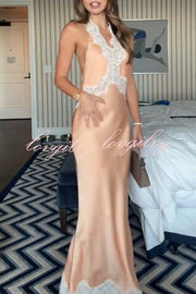 Anniversary Sweet Satin Lace Trim Halter Backless Maxi Dress