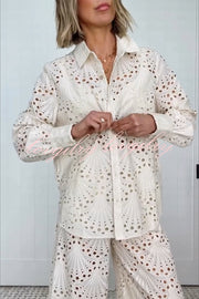 Lillah Embroidered Lace Shell Pattern Long Sleeve Loose Blouse