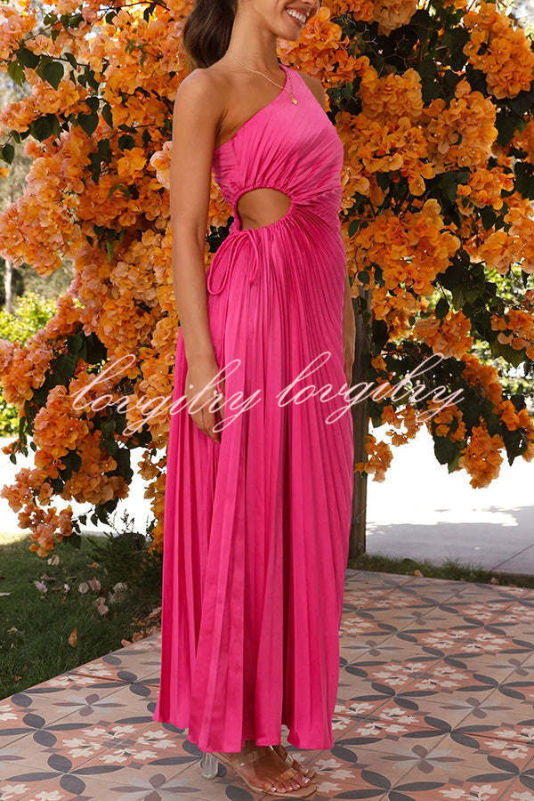 Charming One Shoulder Lace Up Cutout Pleated Maxi Dress