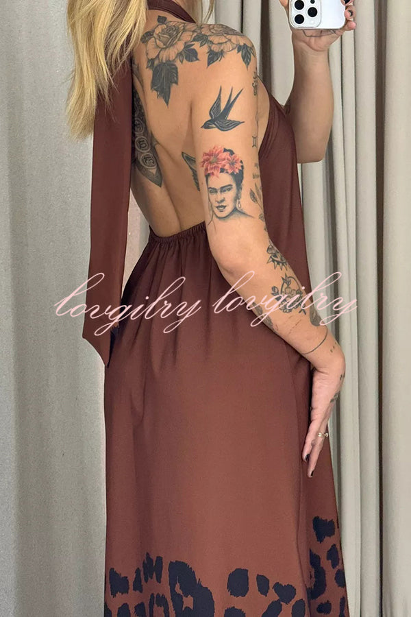 Leopard Print Sexy Halter Neck Backless Loose Maxi Dress