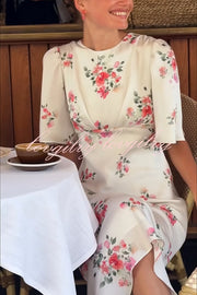 City Life Satin Floral Print Bell Sleeve Fitted Silhouette Maxi Dress