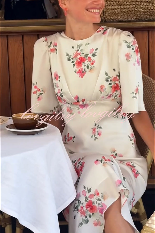 City Life Satin Floral Print Bell Sleeve Fitted Silhouette Maxi Dress
