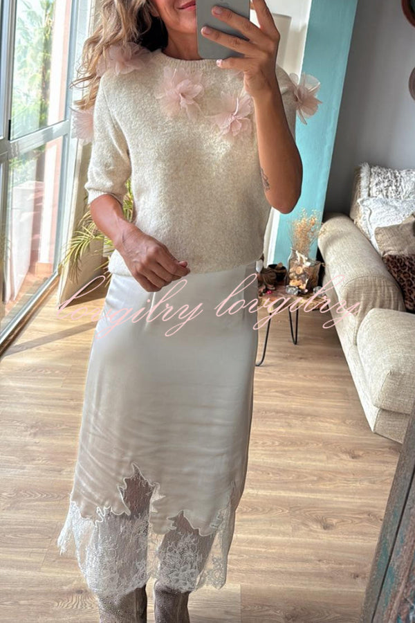 Alboran Knit Organza Flowers Detail Short Sleeve Loose Sweater