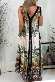 Vanna Unique Tropical Print Black Patchwork Detail A-line Maxi Dress